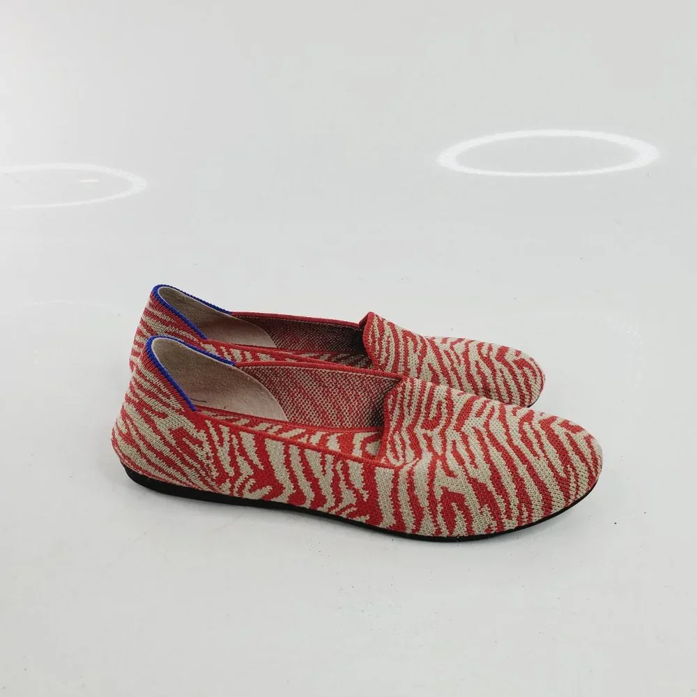 Rothy's Girls Red Beige Zebra Print Nib Slip-On Round Toe Flat Loafers Size US 4